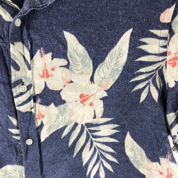 Black Brown Mens Hawaiian Aloha Shirt Linen Floral Blue L - Picture 2 of 4